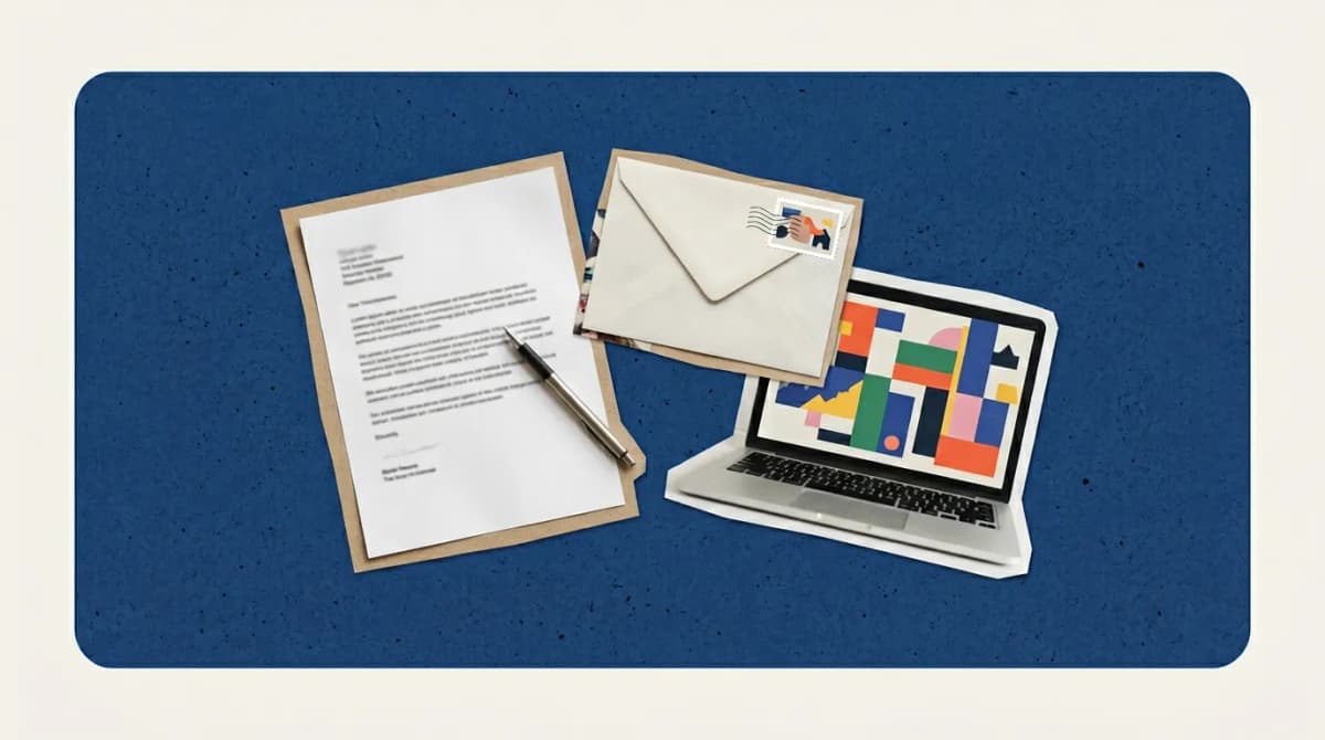 Scrapbook collage of a cover letter, pen, sealed envelope and laptop on a blue card
