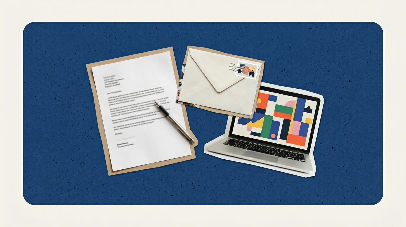 Scrapbook collage of a cover letter, pen, sealed envelope and laptop on a blue card