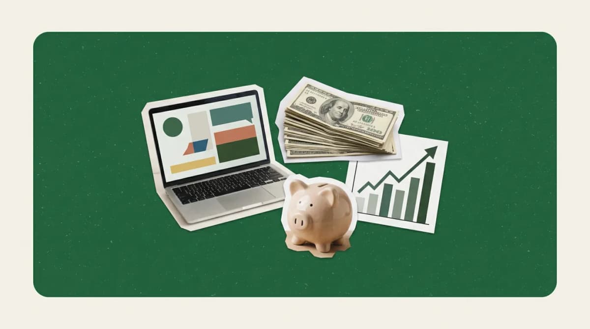 Scrapbook collage of a laptop, stacked coins, piggy bank and upward trending graph on a yellow card