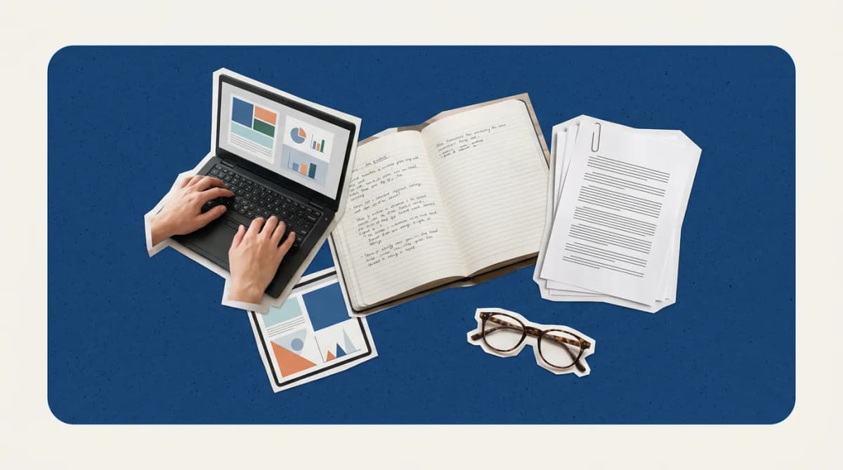 Scrapbook collage of hands typing on a keyboard, notebook, printed pages and reading glasses on a blue card