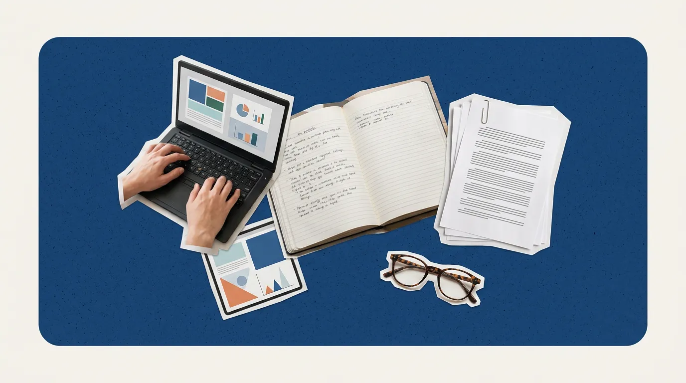 Scrapbook collage of hands typing on a keyboard, notebook, printed pages and reading glasses on a blue card