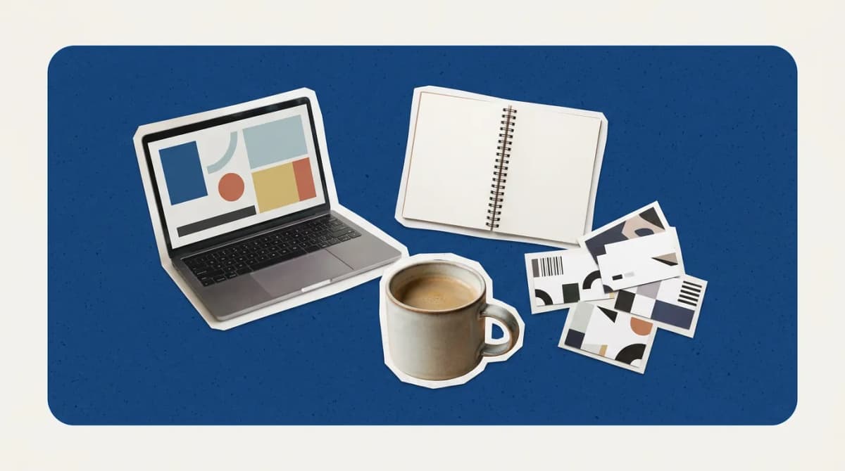 Scrapbook collage of laptop, notebook, coffee, business cards representing AI Tools for Business