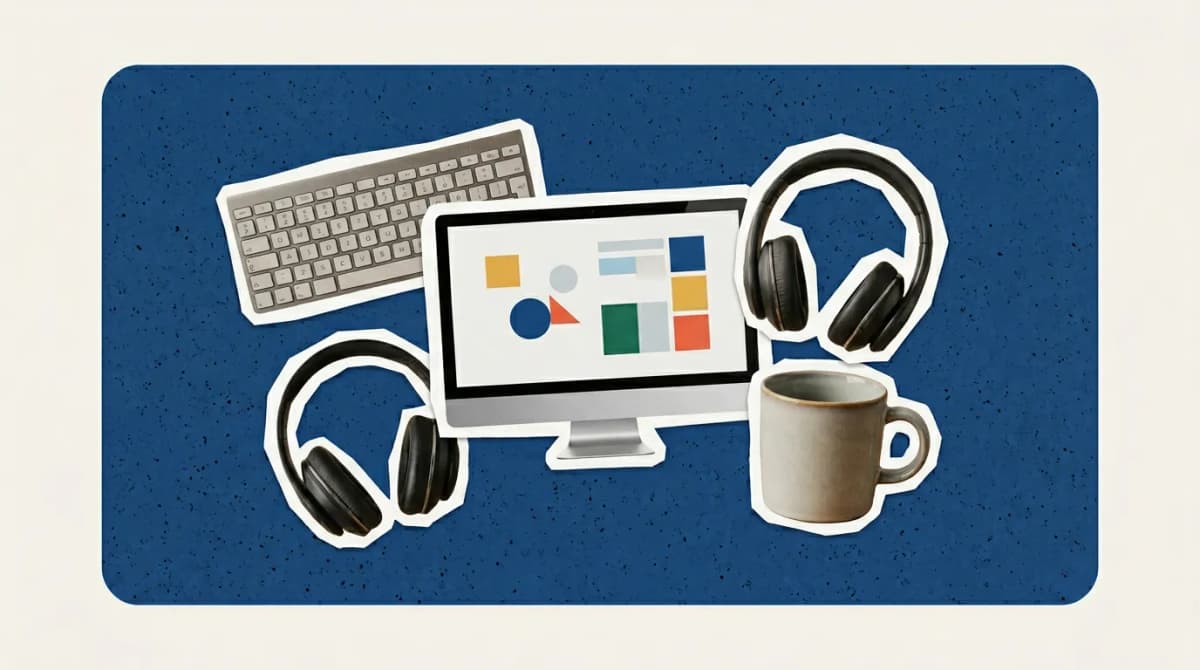 Scrapbook collage of keyboard, monitor, headphones, coffee mug representing AI Tools For Coders