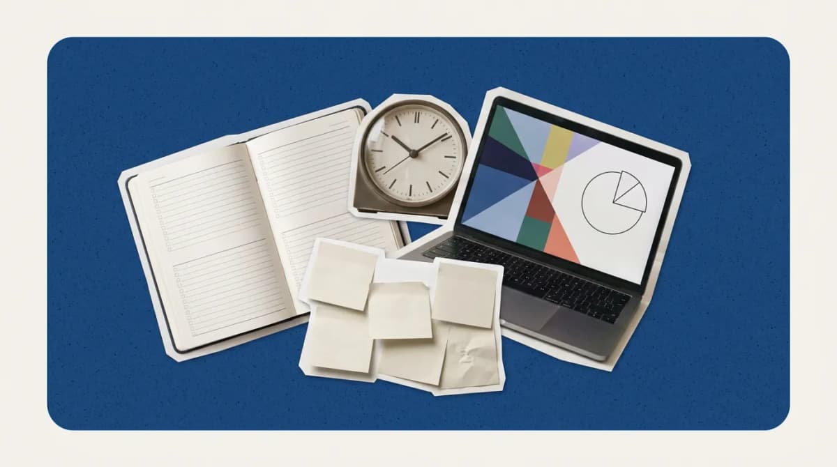 Scrapbook collage of planner, clock, laptop, sticky notes representing AI Tools For Productivity