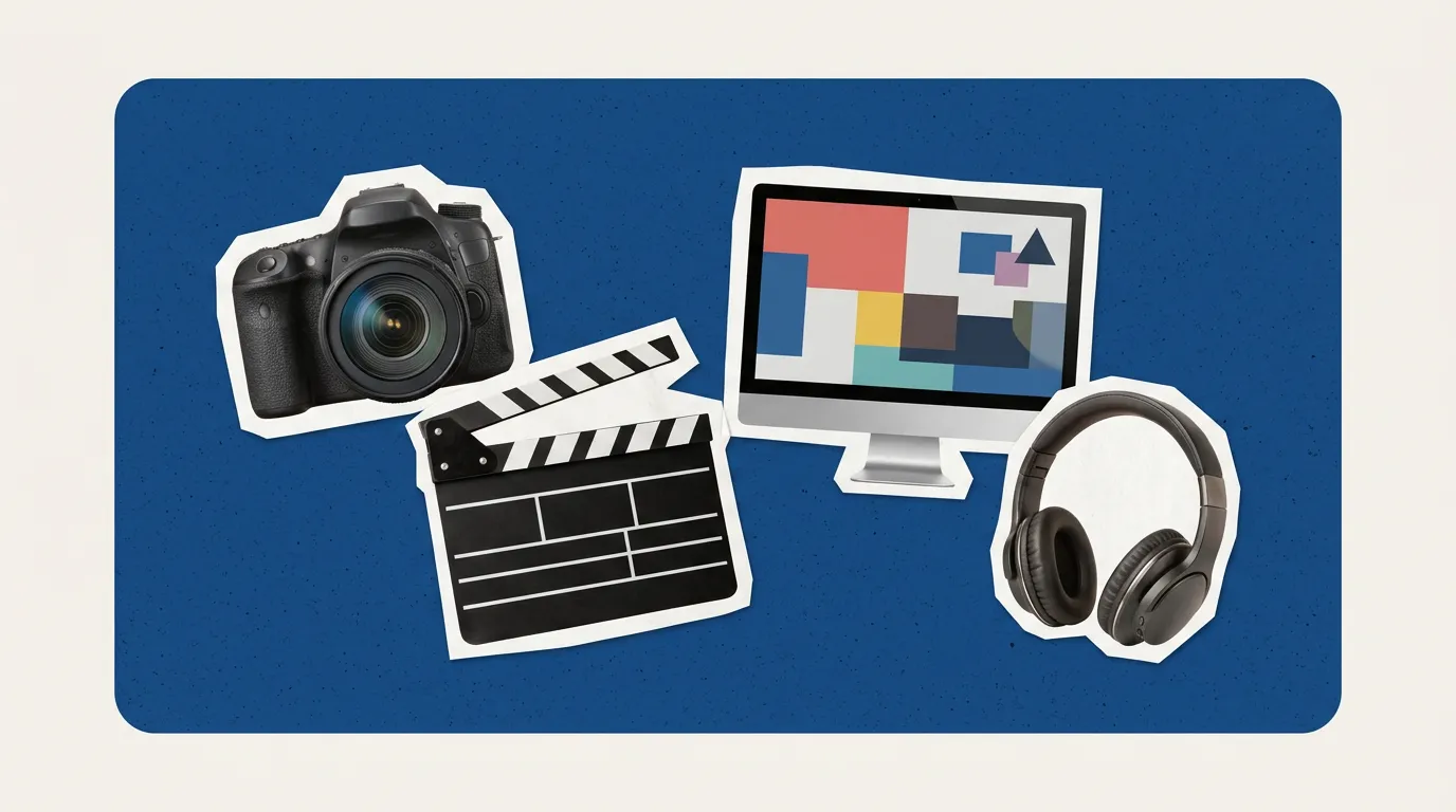 Scrapbook collage of camera, clapperboard, monitor, headphones representing AI Tools For Video Editing