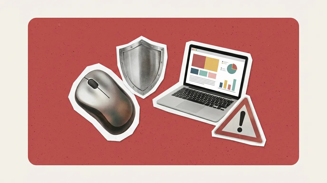 Scrapbook collage of mouse, shield, laptop, warning sign representing Click Fraud Software