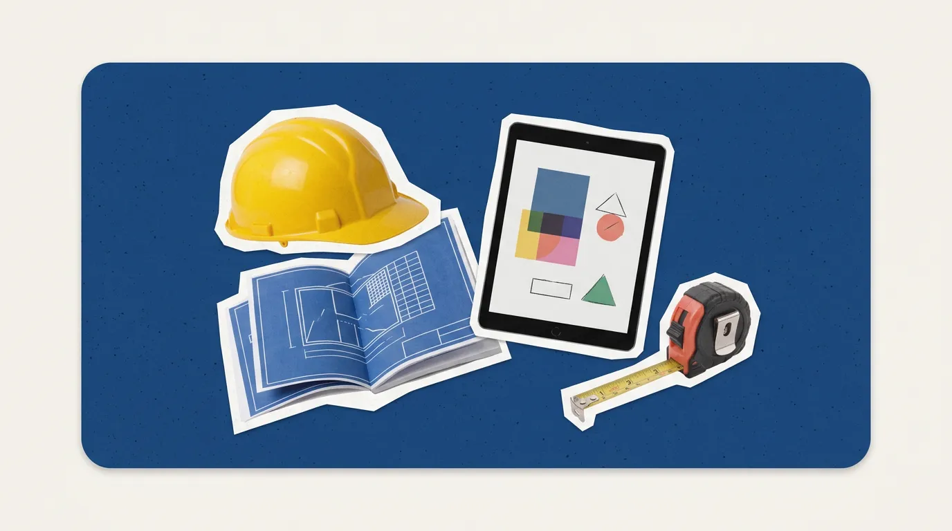 Scrapbook collage of hard hat, blueprint, tablet, measuring tape representing Construction Scheduling Software for Mac
