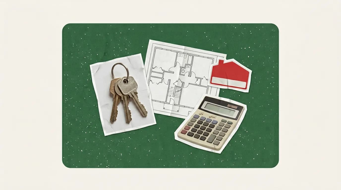 Scrapbook collage of gantt chart printout, laptop, hard hat, blueprint representing Project Management Software for Real Estate Development