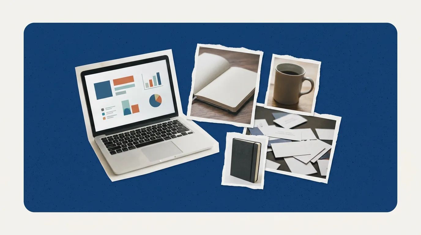 Scrapbook collage of house keys, calculator, lease document, laptop representing Property Management Software for Small Business